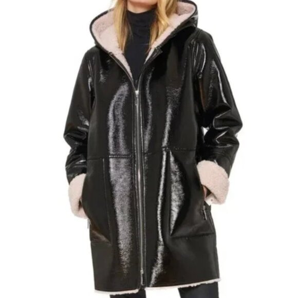Sanctuary Black Patent Leather w Pink Shearling Lined Hooded Coat - Picture 3 of 8